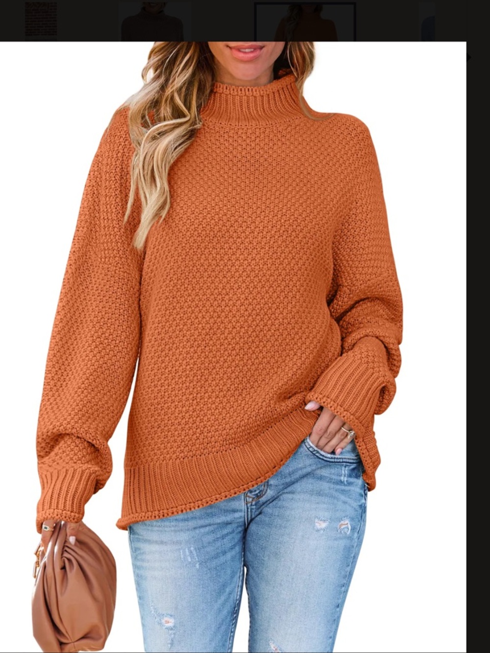 Women's Orange Turtleneck Chunky Knit Sweater